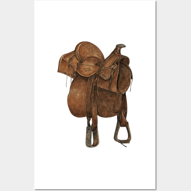 Vintage Western Saddle Illustration Wall Art by ellanely